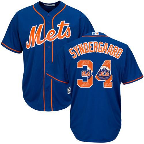 Mets #34 Noah Syndergaard Blue Team Logo Fashion Stitched MLB Jersey